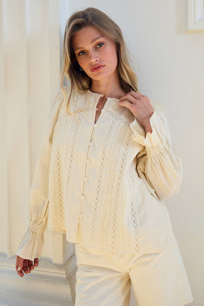 Lace Pintuck Detail Button Blouse