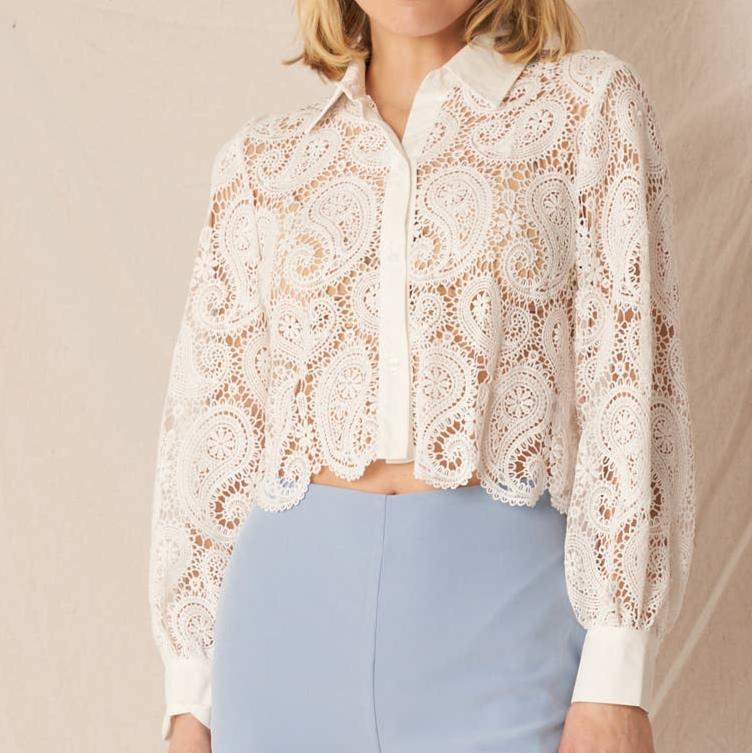 Long Sleeve Paisley Lace Button Down Top