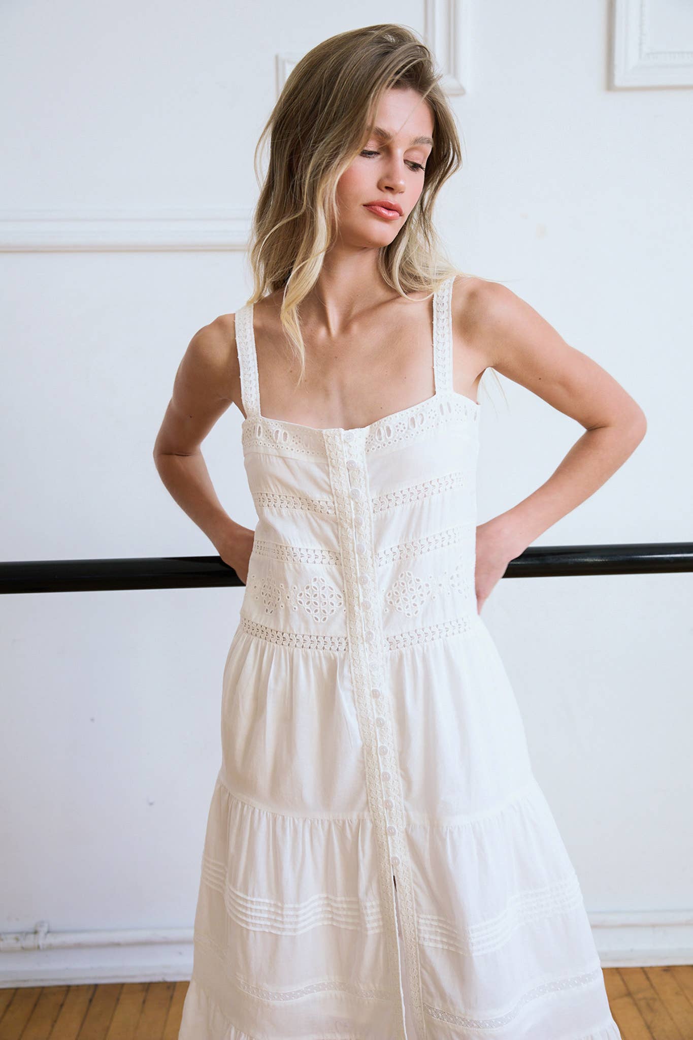 Romantic Tiered Woven Maxi with Lace Trim Dress