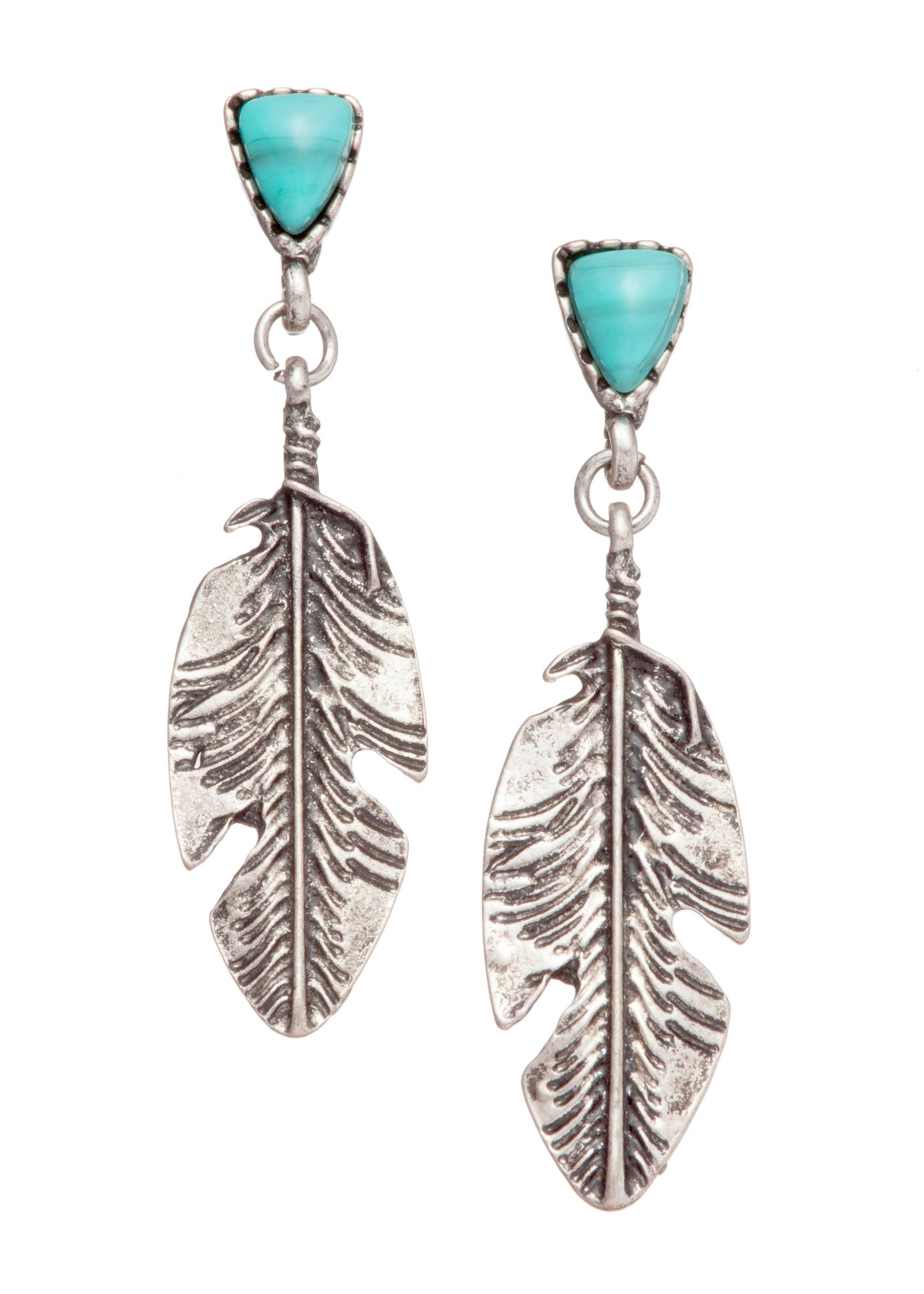 Burnished Silver Feather Earring with Turquoise Stone