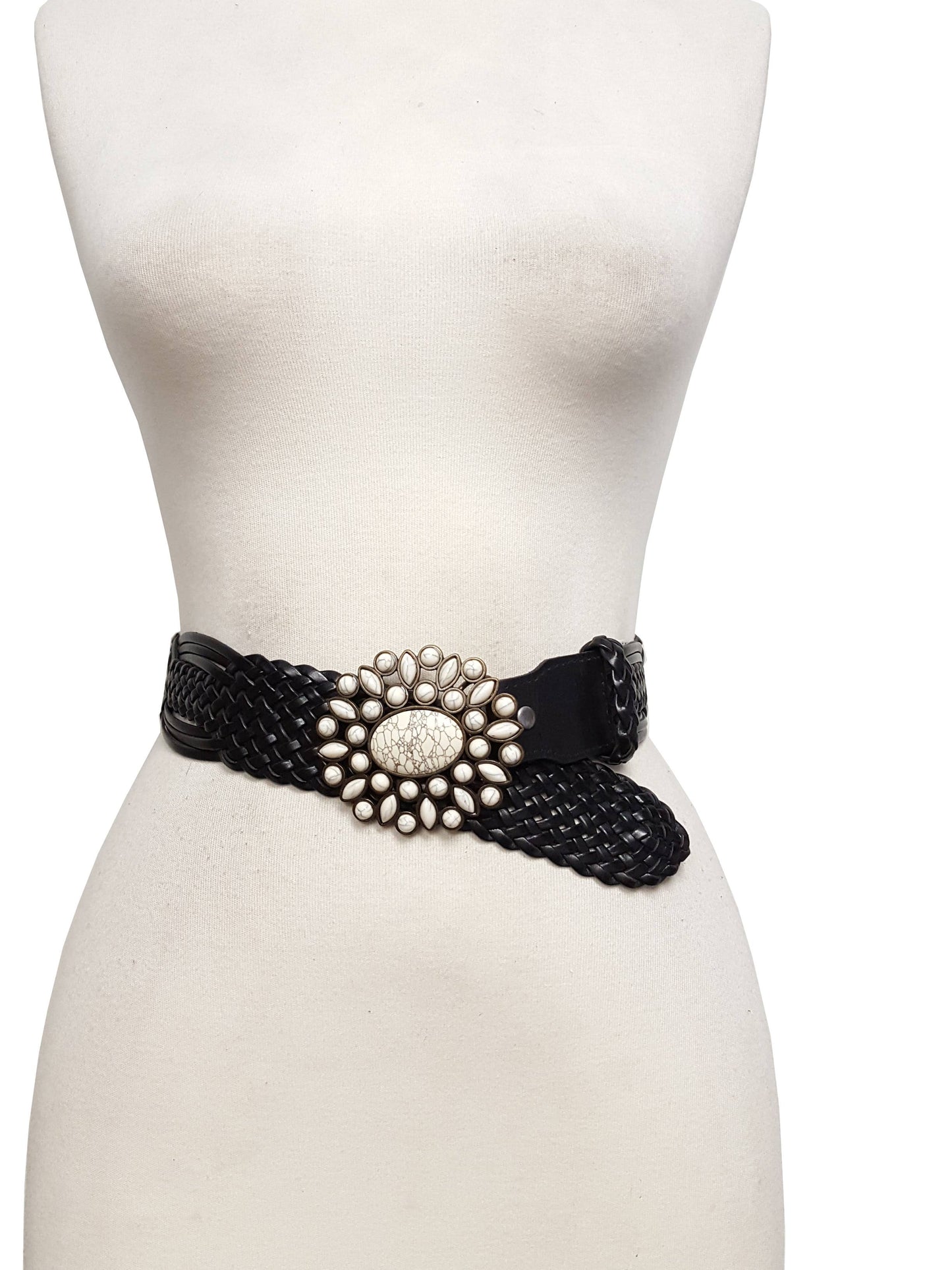 Hand Braided Leather Belt with Turquoise Style Buckle brass