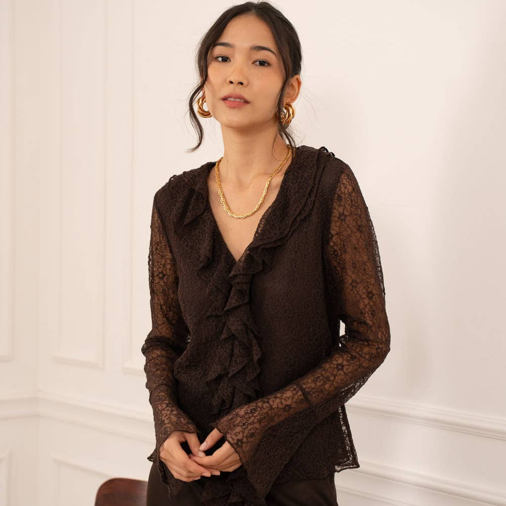 Chocolate Brown Lace Blouse with Ruffled V-Neck
