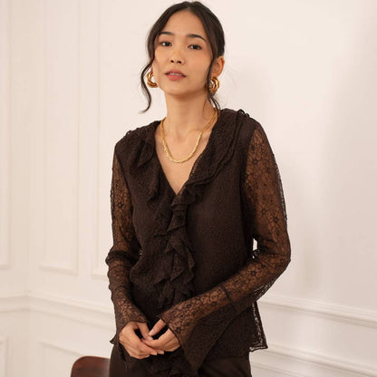 Chocolate Brown Lace Blouse with Ruffled V-Neck