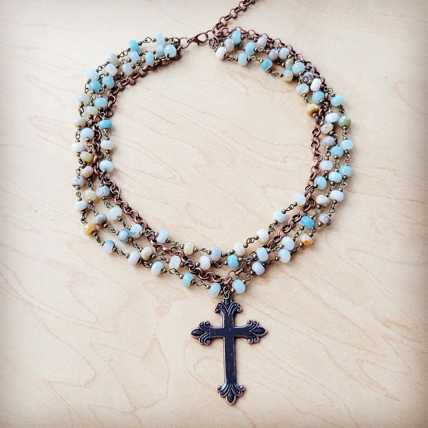 Amazonite Beaded Collar Necklace w/ Cross Pendant
