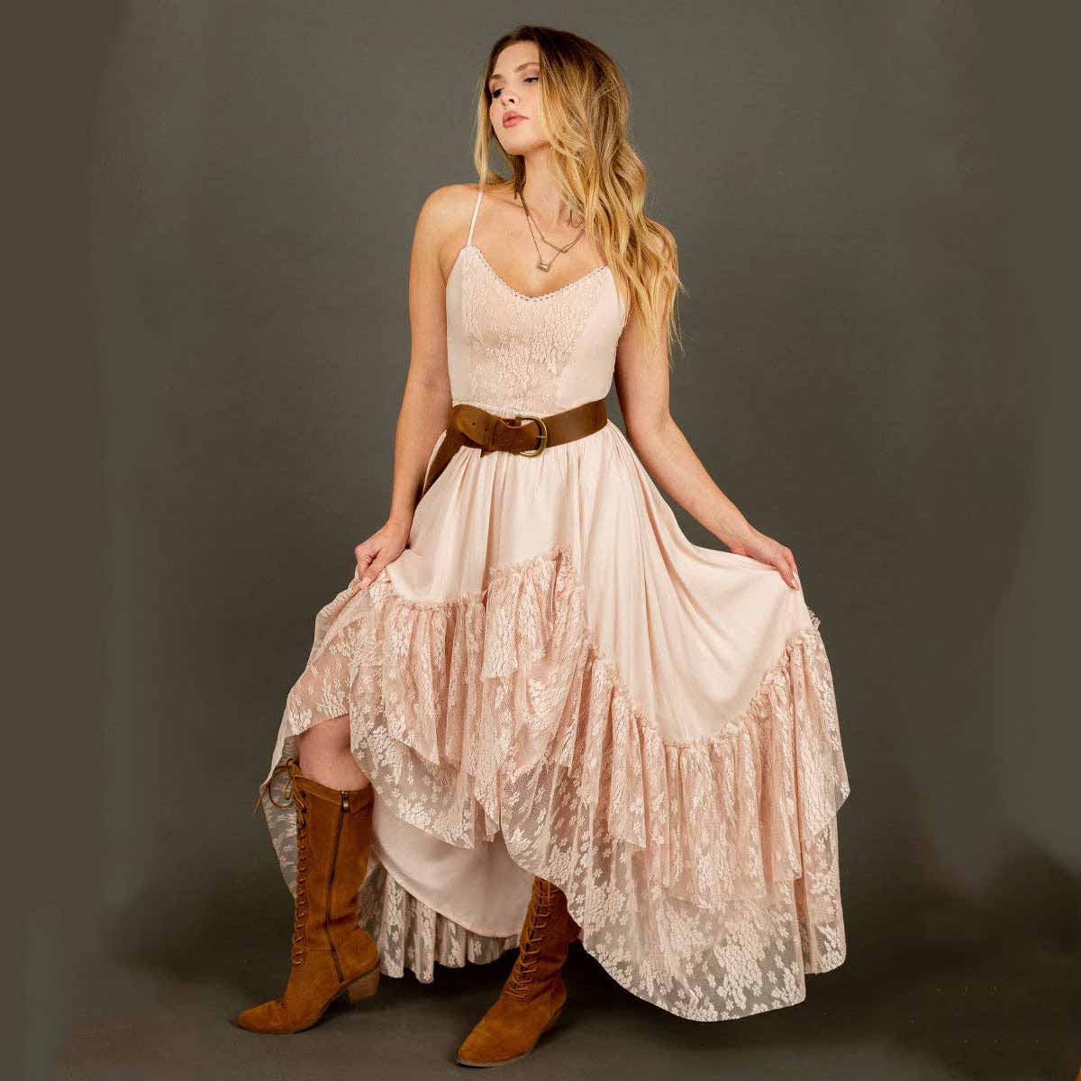 Bohemian lace dress with brown belt and boots