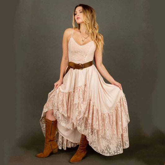 Bohemian lace dress with brown belt and boots