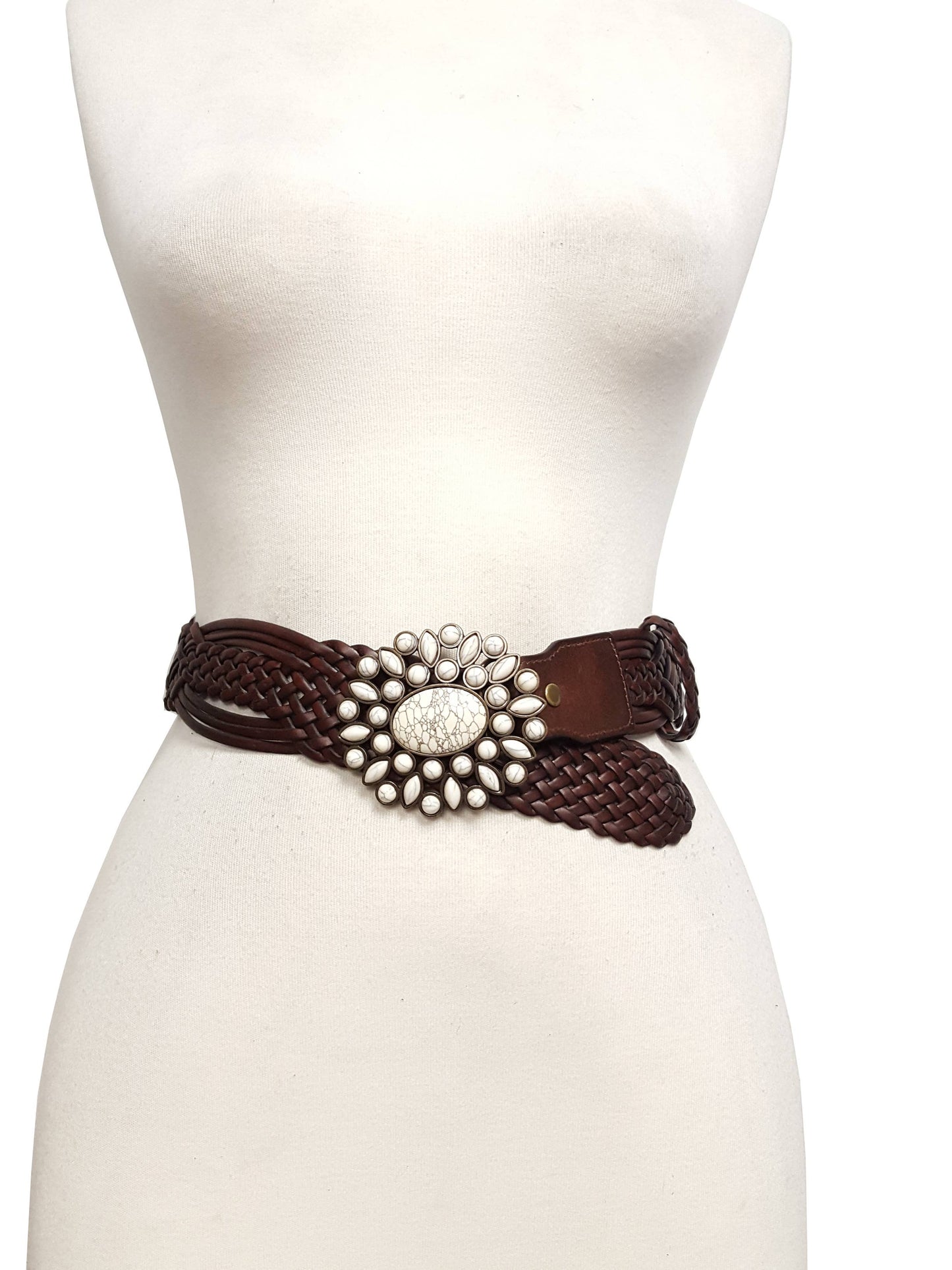 Hand Braided Leather Belt with Turquoise Style Buckle brass