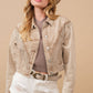 Denim Waist Length Rhinestone Fringe Jacket in Tan