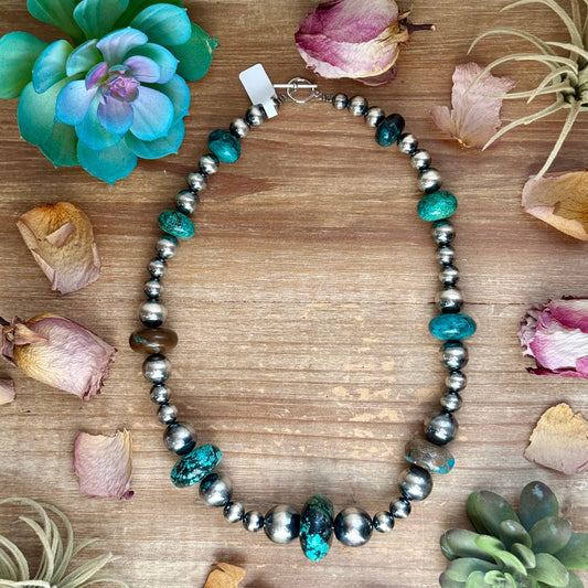 22” Massive Turquoise Rondelle Necklace – Sterling Silver Pearls