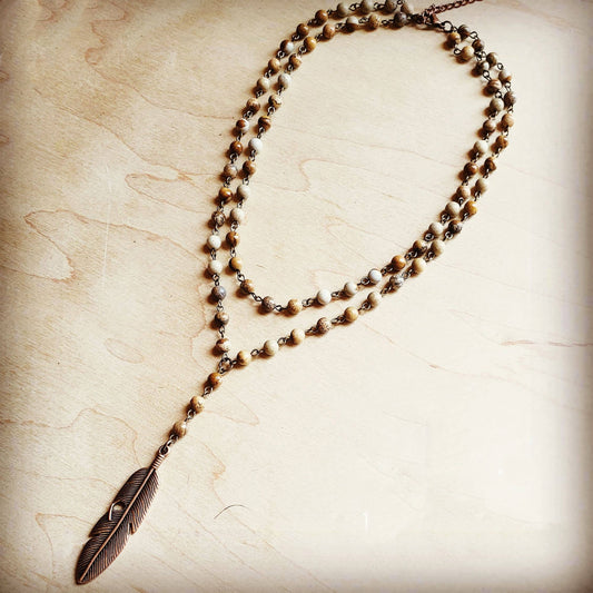 Double Strand Lariat Jasper Necklace w/ Copper Feather | Bourbon Cowgirl