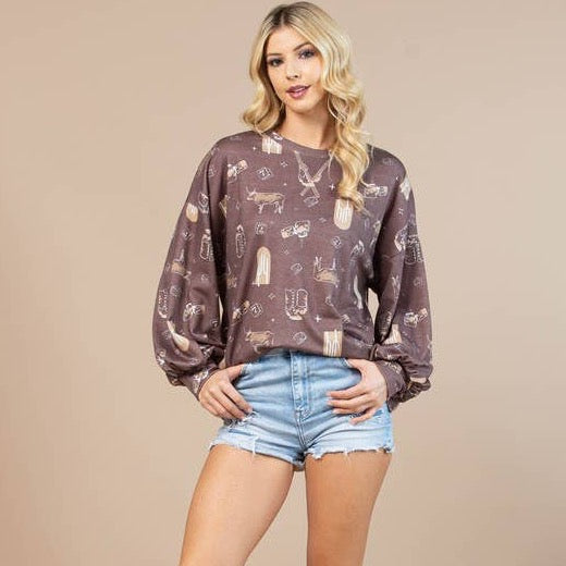 Western Print Long Sleeve Sweatshirt for Cowgirls