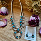 Mini Squash Blossom Necklace & Earrings – Kingman Turquoise – Sterling Silver – Native Made by Lonora Garcia – 17.5"