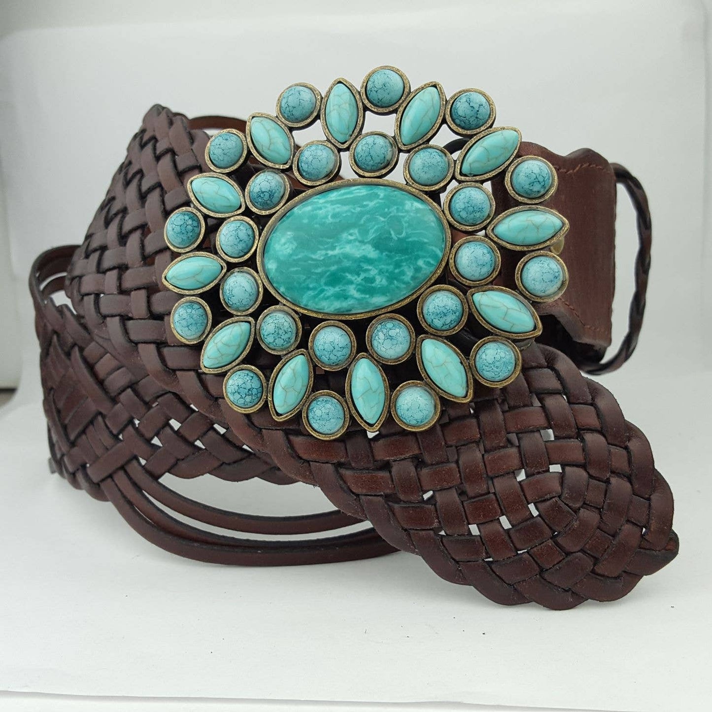 Hand Braided Leather Belt with Turquoise Style Buckle brass