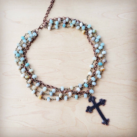 Amazonite Beaded Collar Necklace w/ Cross Pendant