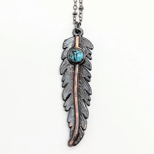 Gunmetal Feather Pendant with Turquoise Necklace