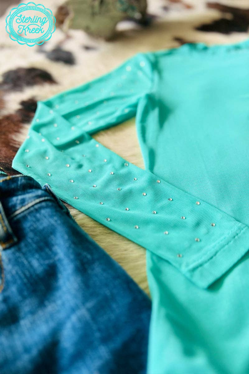 Turquoise Trouble Mesh Top with Rhinestones at Bourbon Cowgirl