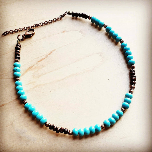 Blue Turquoise, Wood and Copper Beads Choker Necklace