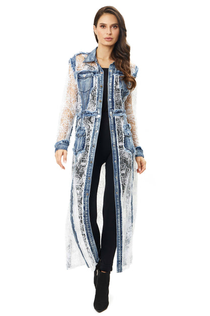 Long Denim Duster with White Mesh