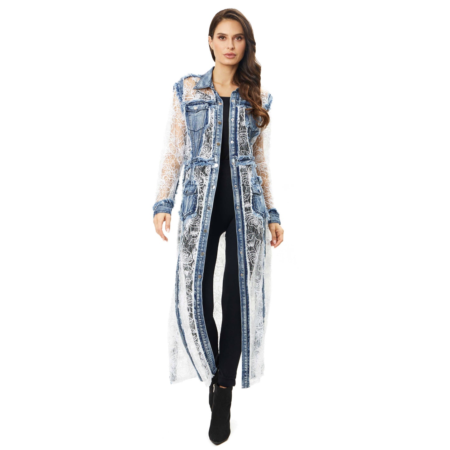 Long Denim Duster with White Mesh