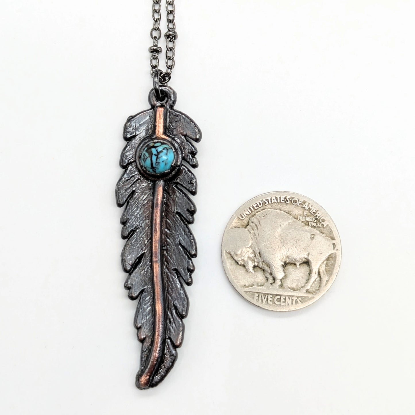 Gunmetal Feather Pendant with Turquoise Necklace