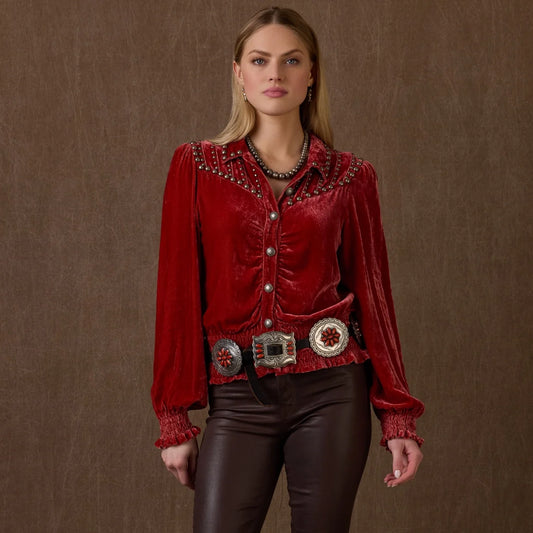 Etta Top red velvet western shirt