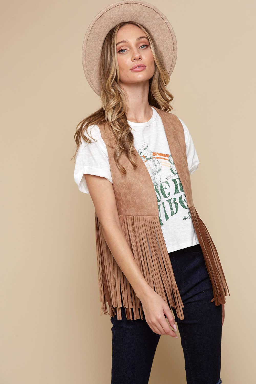 Tan Faux Suede Western Fringe Vest for Cowgirls