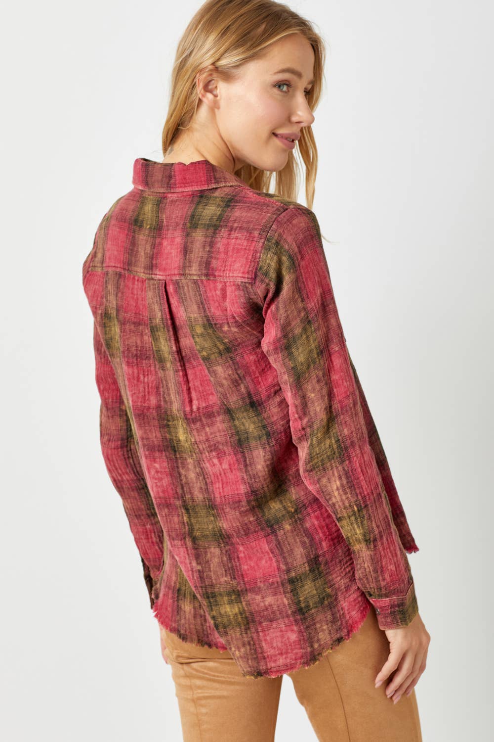 Fringe Bottom Washed Plaid Shirt