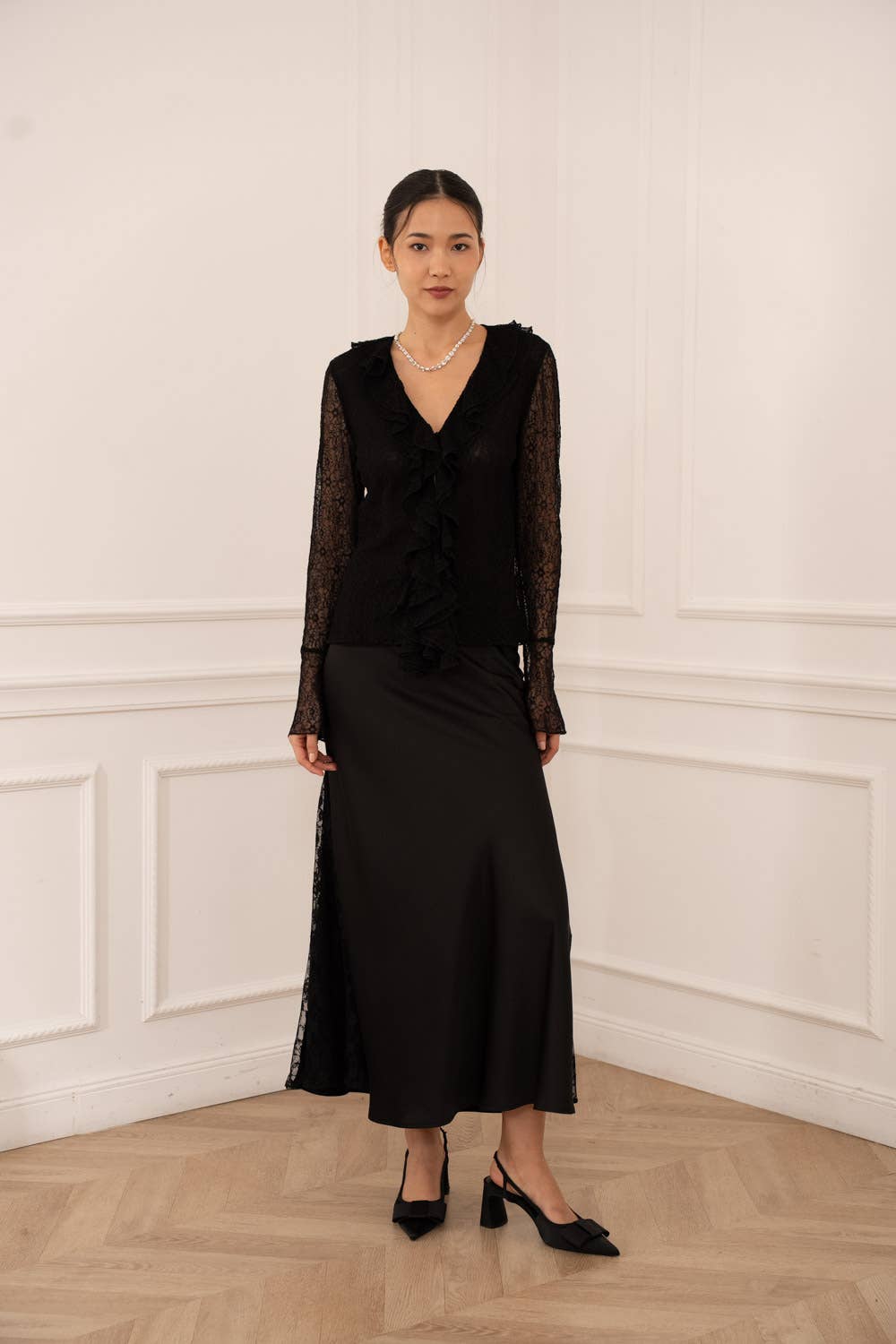 Chocolate Brown Lace Blouse with Ruffled V-Neck