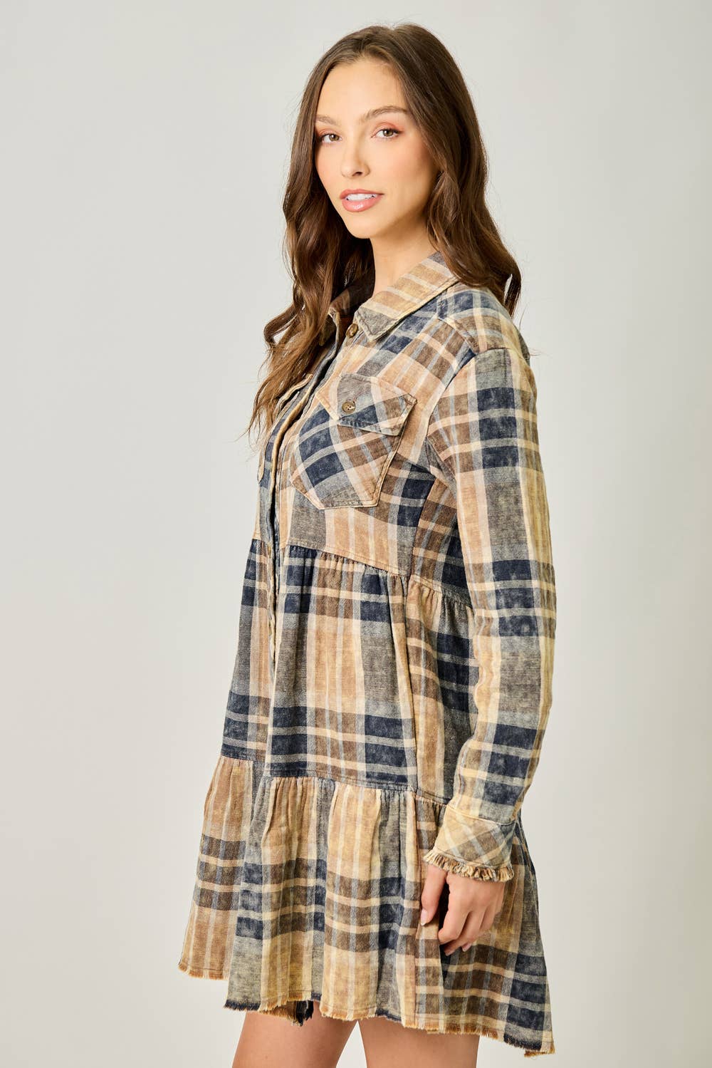 Acid Washed Tiered Coat Dress