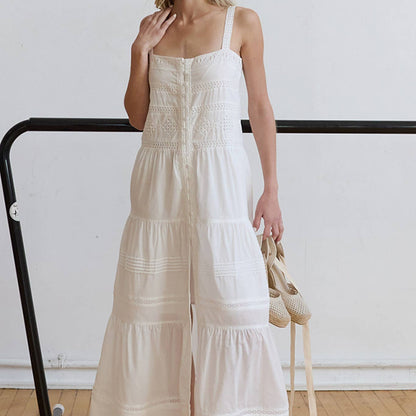 Romantic Tiered Woven Maxi with Lace Trim Dress