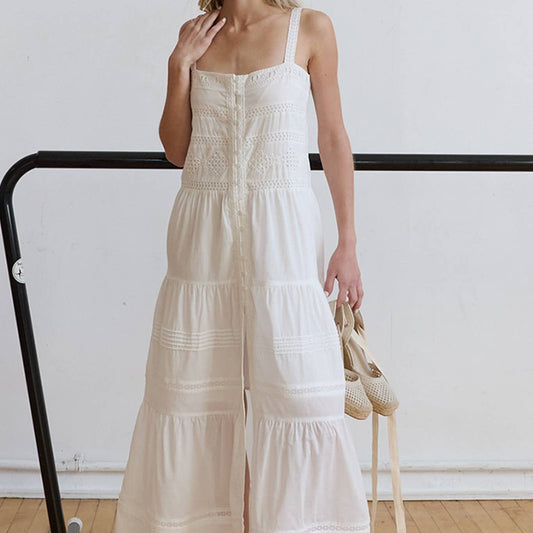 Romantic Tiered Woven Maxi with Lace Trim Dress