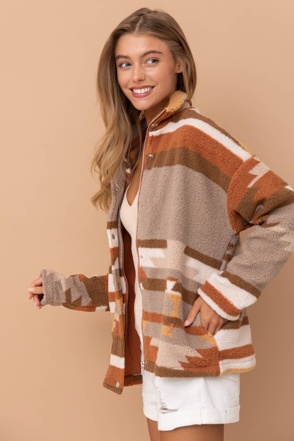 Aztec Soft Cozy Zip Up Lined Snap Up Jacket