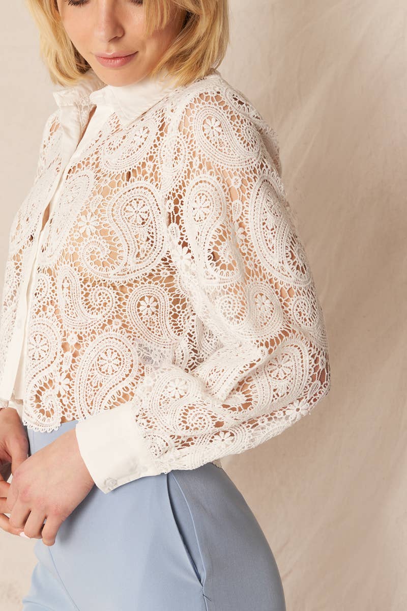 Long Sleeve Paisley Lace Button Down Top