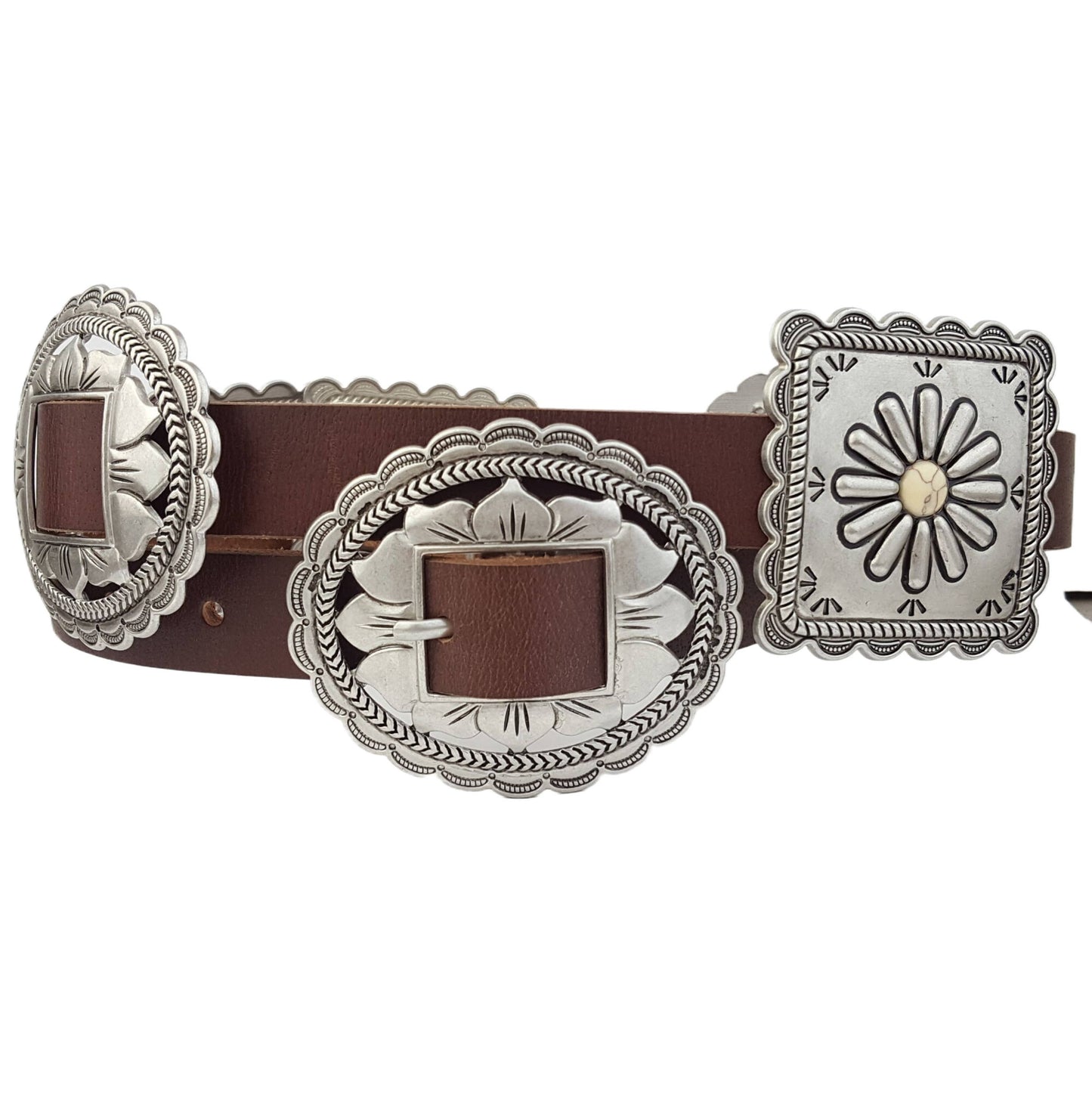 Western Alternating Concho Belt in Genuine Cowhide Leather
