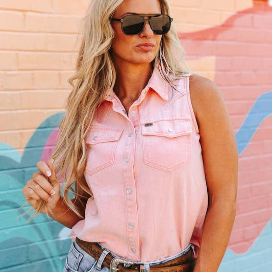 Pink Sleeveless Vintage Wash Western Shirt