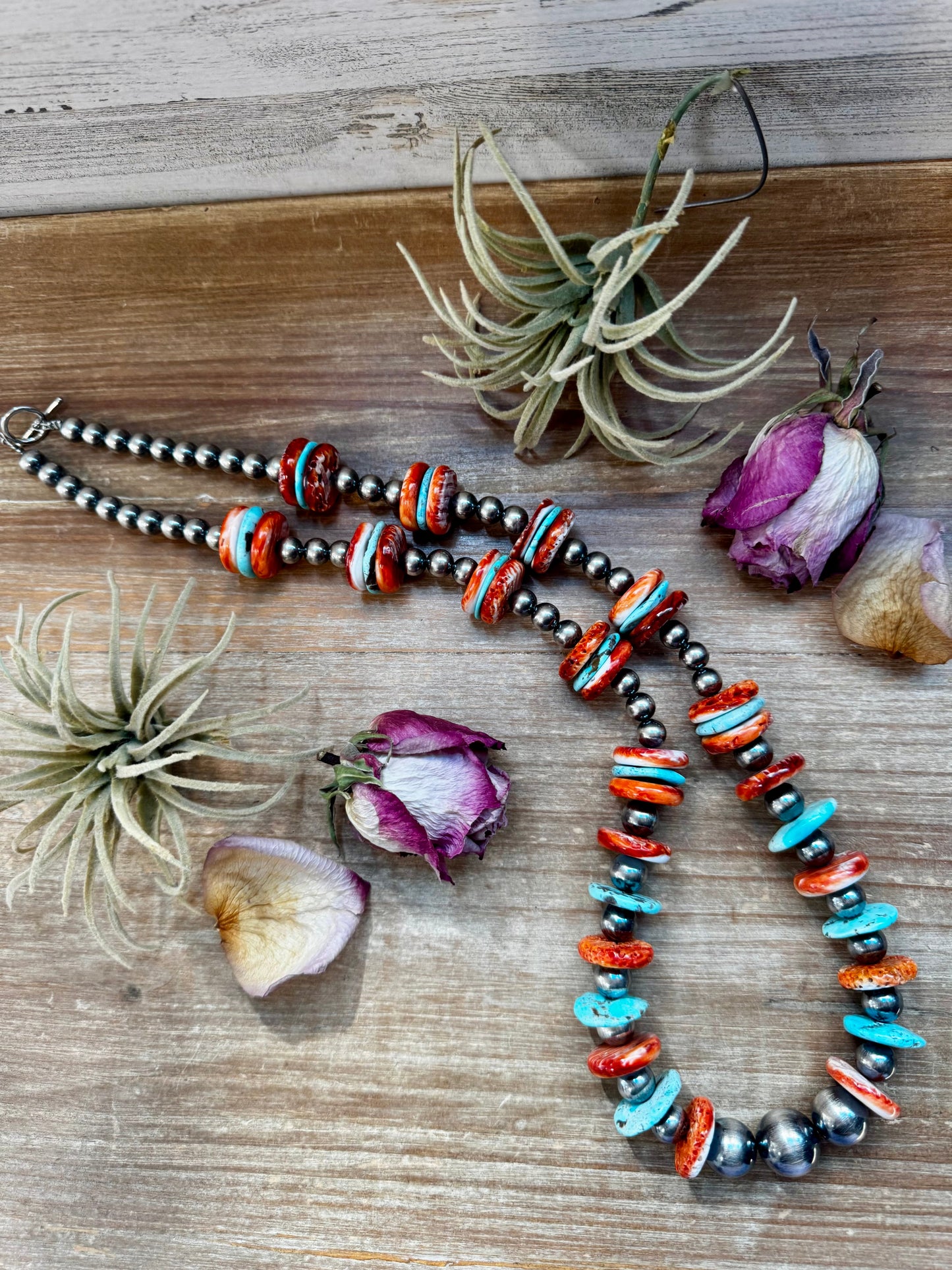 NFR Collection Necklace – Sterling Silver Pearls with Blue Turquoise & Spiny Oyster – Handmade by The Bijoux FAB – 29"