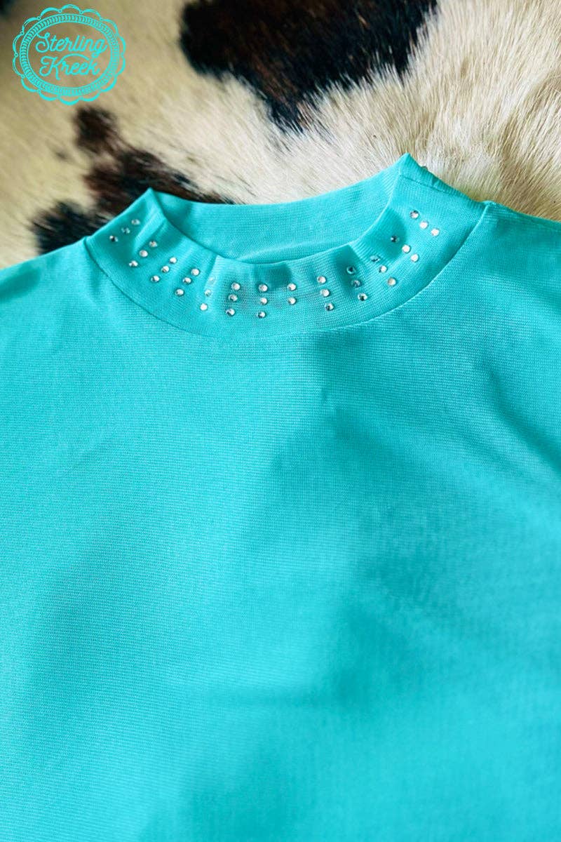 Turquoise Trouble Mesh Top with Rhinestones at Bourbon Cowgirl