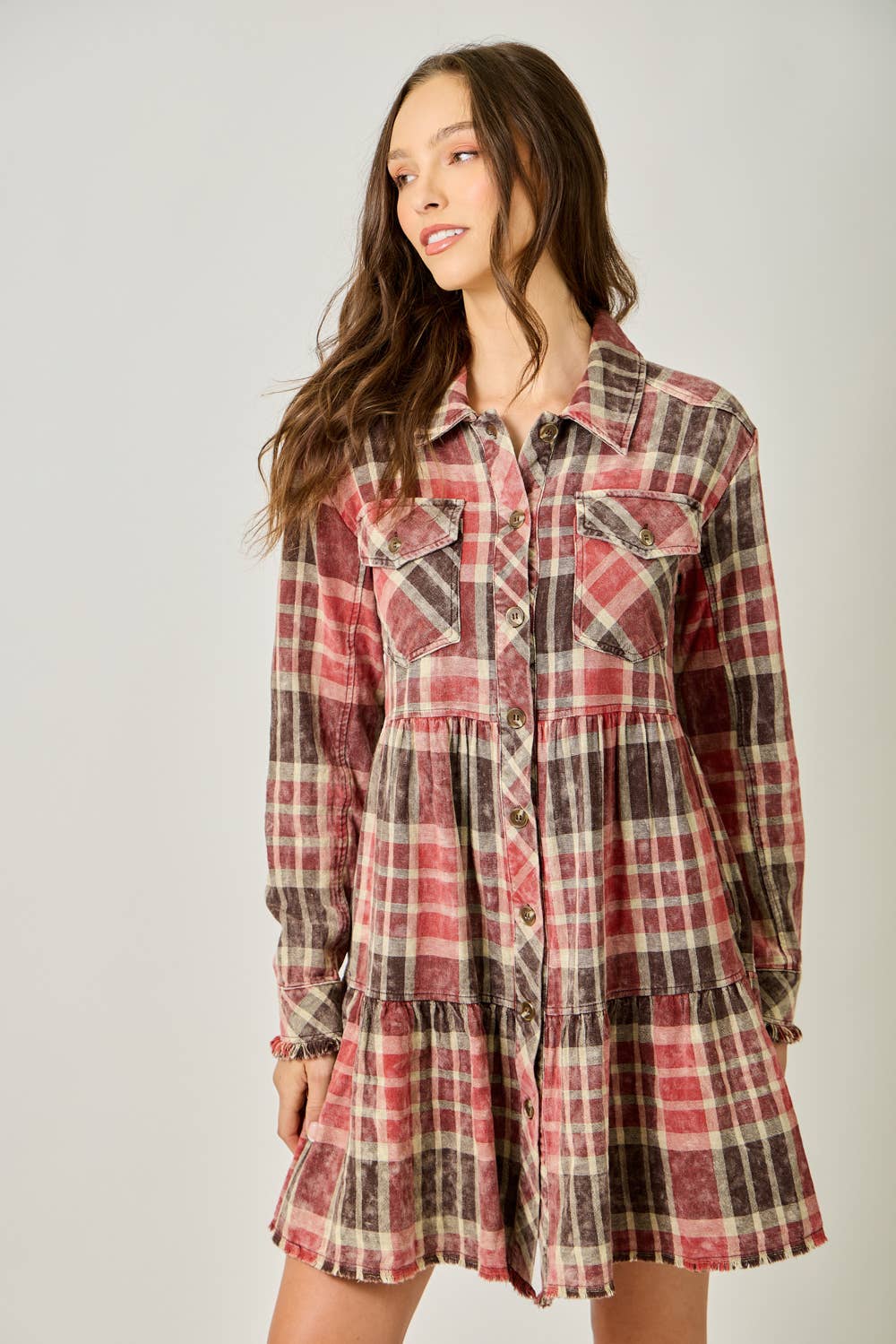 Acid Washed Tiered Coat Dress