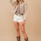 Denim Waist Length Rhinestone Fringe Jacket in Tan