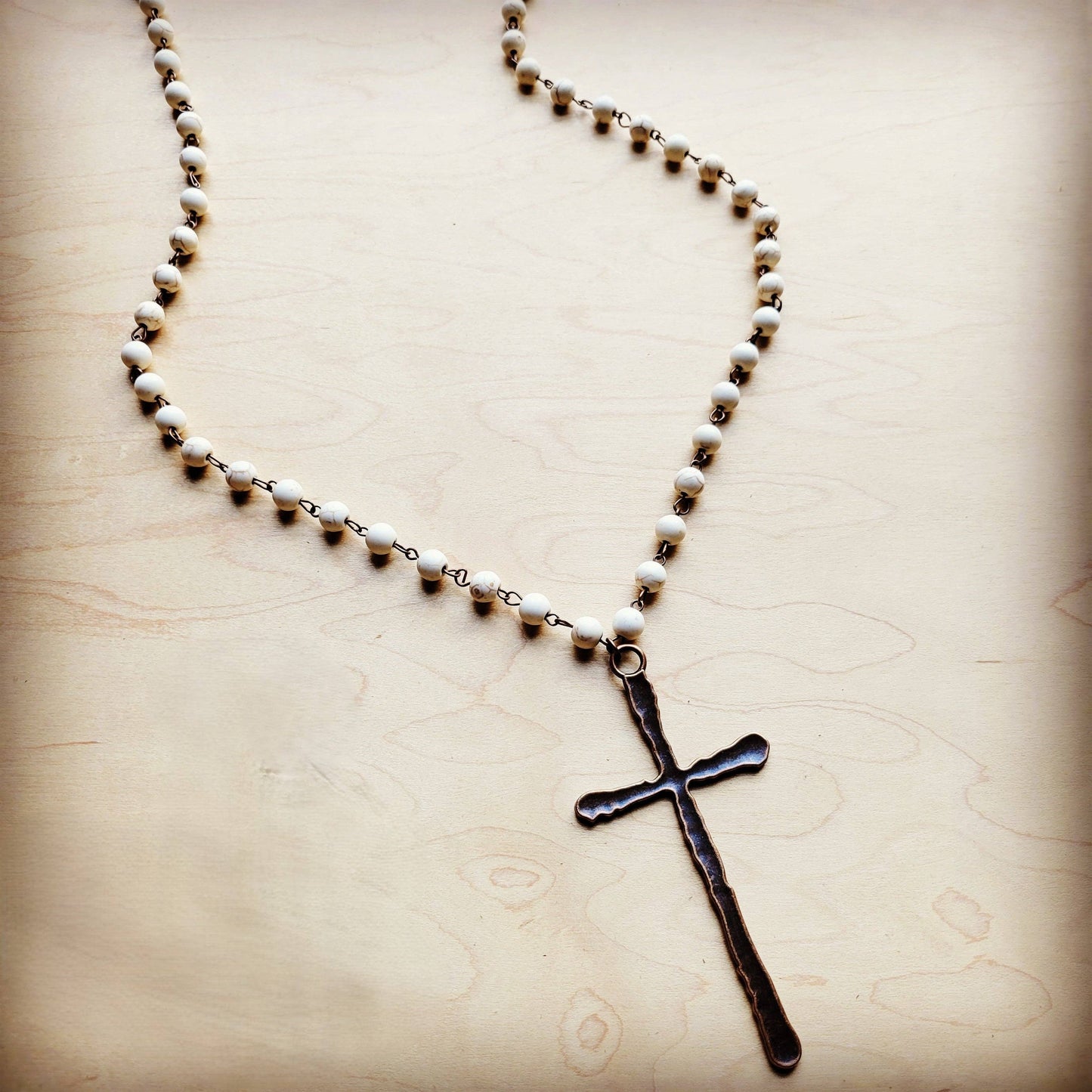White Turquoise Long Beaded Necklace with Antique Copper Cross