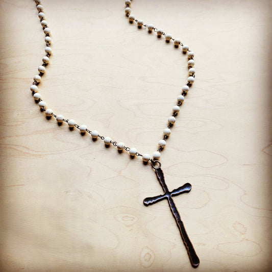 White Turquoise Long Beaded Necklace with Antique Copper Cross