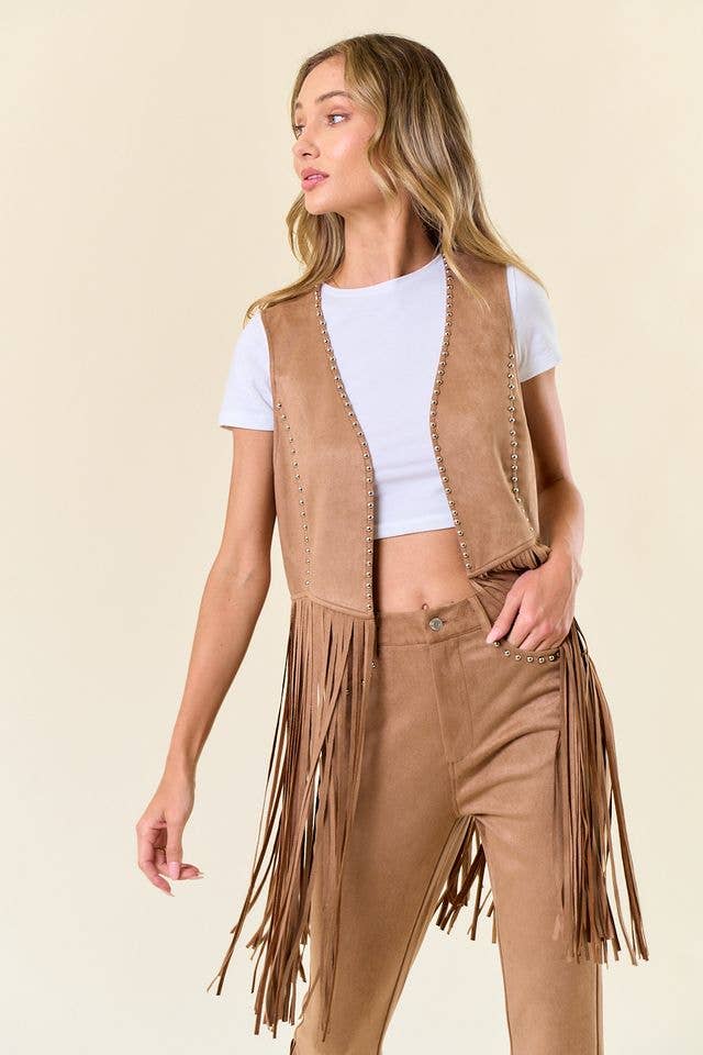 Tan Studded Long Fringe Faux Suede Vest