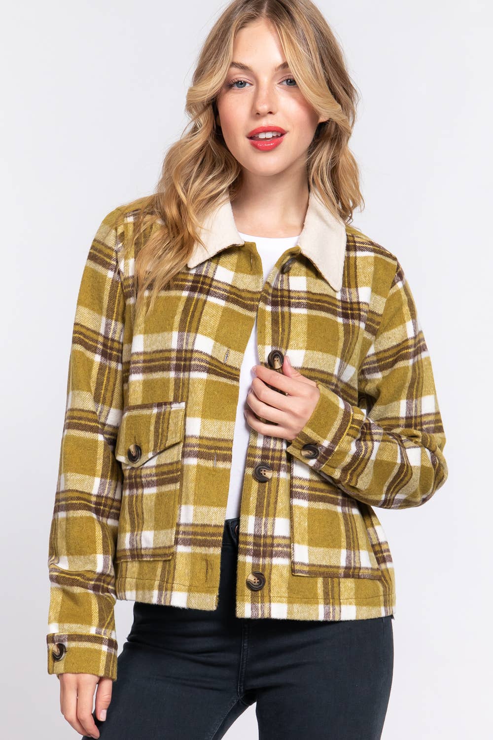 Faux Fur Collar Olive Plaid Shacket