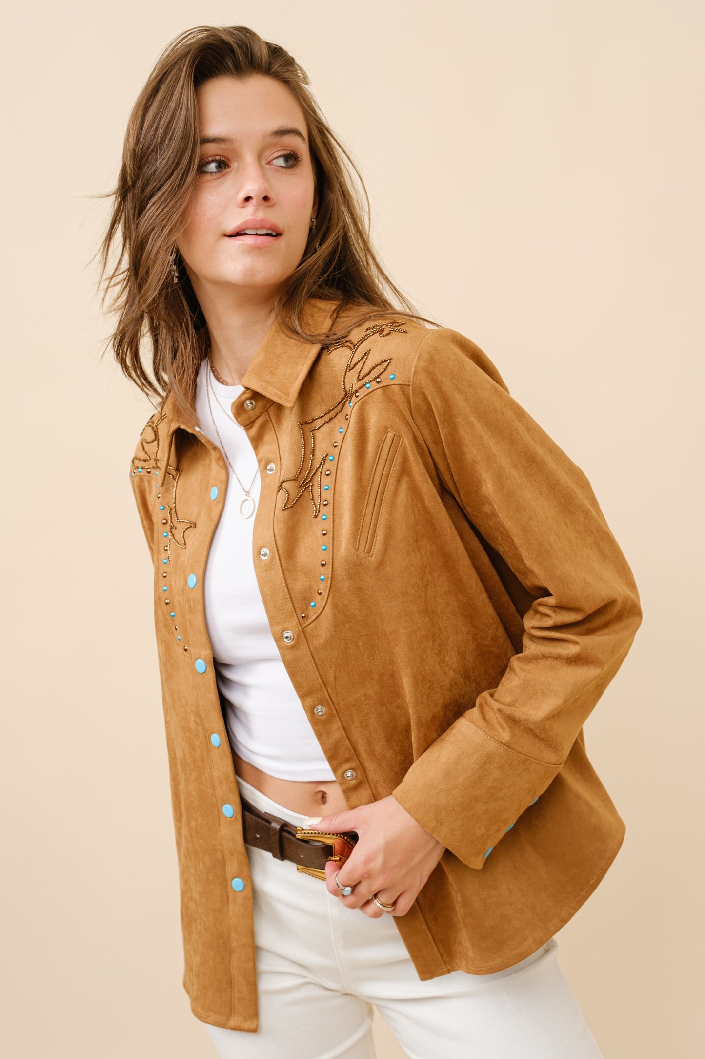 Suede Western Embellished Shirt Blouse