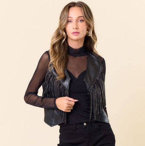 Black Faux Leather Sparkle Fringe Vest