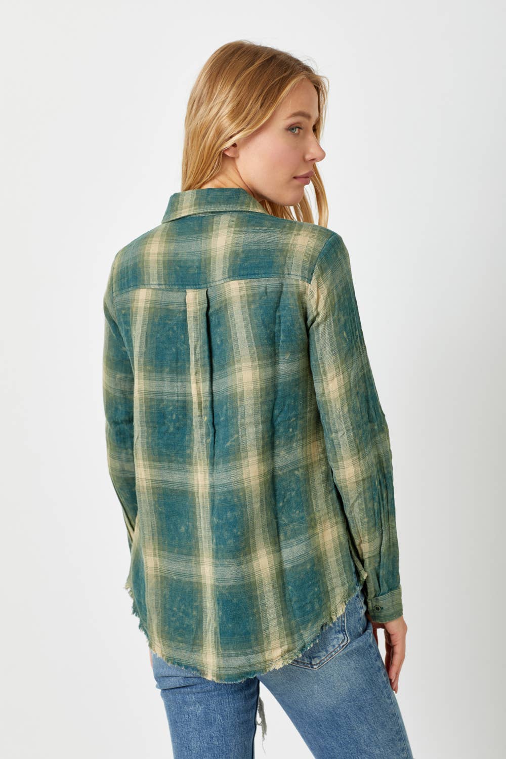 Fringe Bottom Washed Plaid Shirt