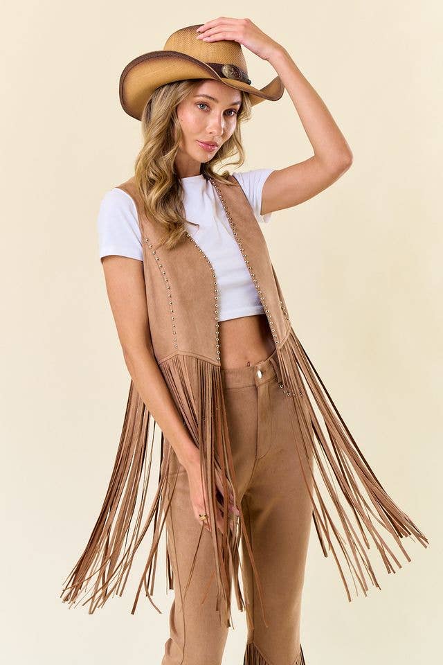 Tan Studded Long Fringe Faux Suede Vest