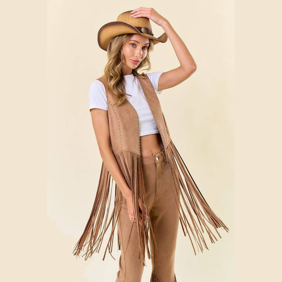 Tan Studded Long Fringe Faux Suede Vest