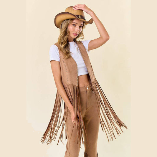 Tan Studded Long Fringe Faux Suede Vest