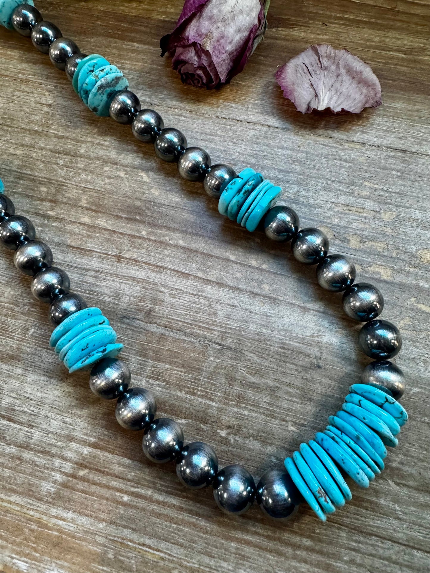 NFR Collection Necklace – 35 inch long 8mm & 14mm Sterling Silver Pearls with 20mm Turquoise Rondelle